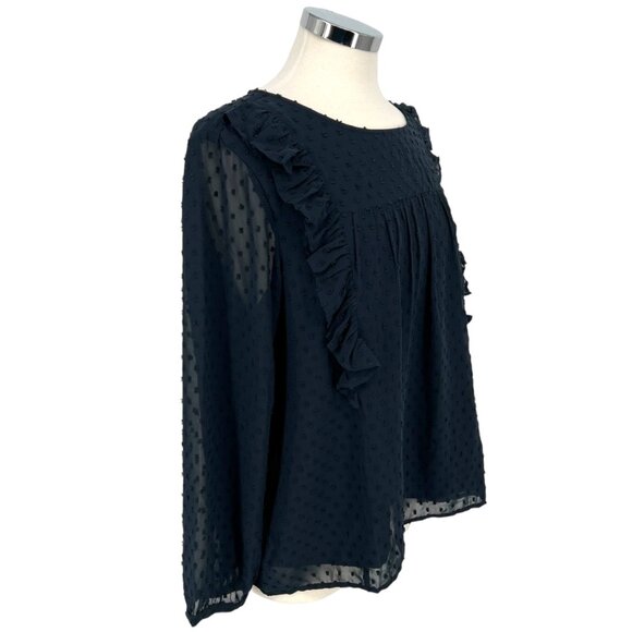 J.Crew Swiss Dot Ruffle Trim Long Sleeve Blouse Navy Blue Size 16 - Picture 5 of 11